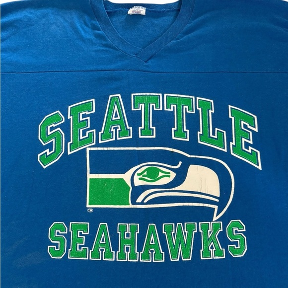 VINTAGE Seattle Seahawks Jersey Tee – Royal Blue with Striped Sleeves - Picture 2 of 16